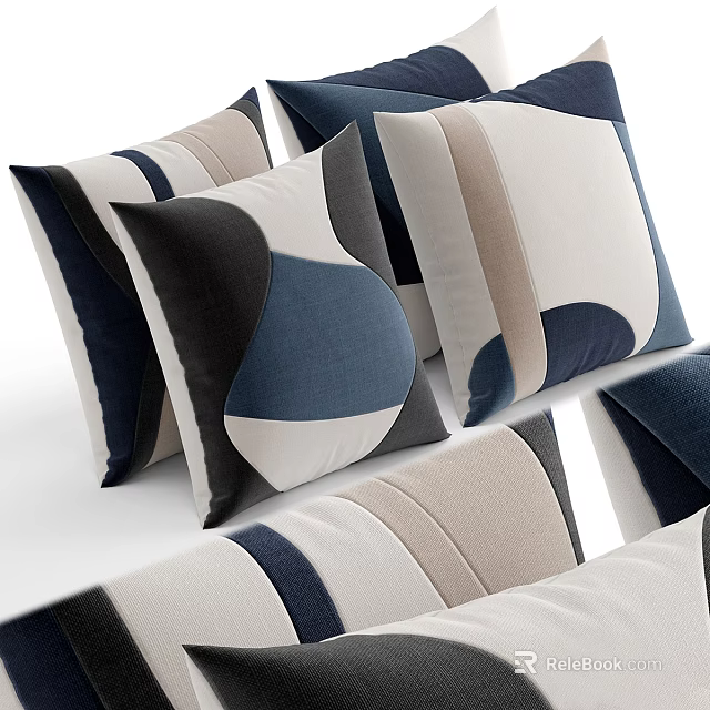 Modern Geometric Throw Pillows Featuring Navy Black Beige Color Block Design 3d model 