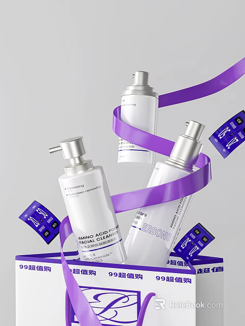 Premium Skincare Cosmetics Natural Food Grade Cleanser With White Bottles And Purple Ribbons 3d model 