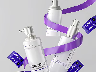 Premium Skincare Cosmetics Natural Food Grade Cleanser With White Bottles And Purple Ribbons 3d model