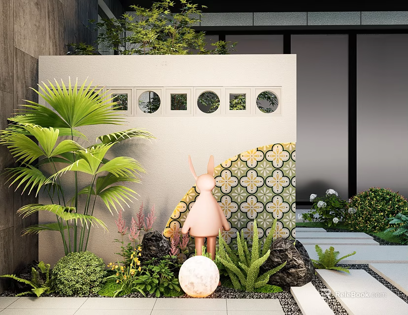 Garden Wall With Circular Windows Floral Tiled Section Palm Leaves Rabbit Statue And Green Plants 3d model 