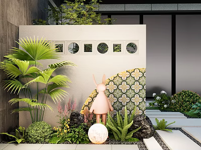 Garden Wall With Circular Windows Floral Tiled Section Palm Leaves Rabbit Statue And Green Plants 3d model