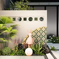 Garden Wall With Circular Windows Floral Tiled Section Palm Leaves Rabbit Statue And Green Plants