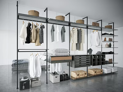 Modern Minimalist Closet Interior Design With Hanging Clothes Shelves Drawers And Storage Boxes 3d model