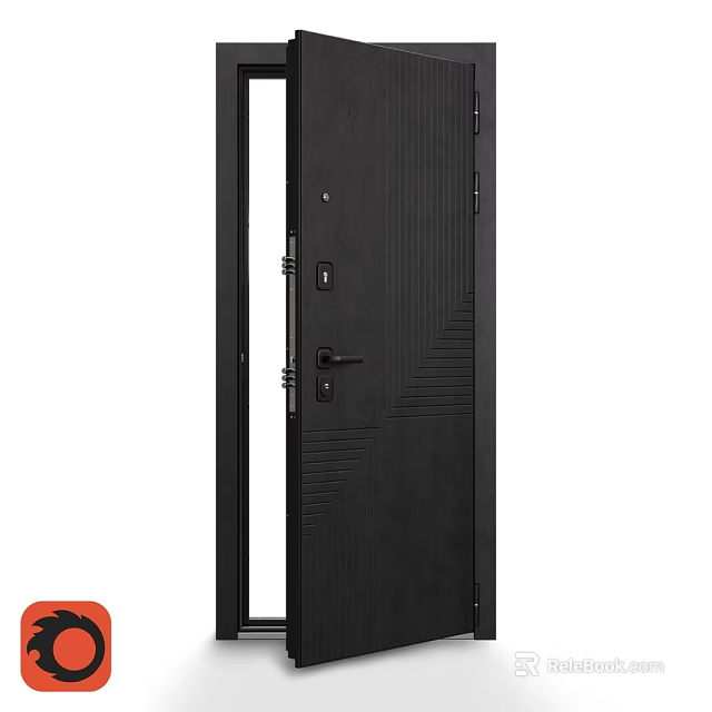 Contemporary Black Swing Door Featuring Textured Panel And Security Lock 3d model 