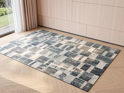 Modern Style Square Area Rug With Blue White Gray Geometric Pattern On Wooden Floor 3d model