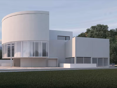 Modern Tourist Center With Curved White Exterior Large Glass Windows And Green Lawn 3d model