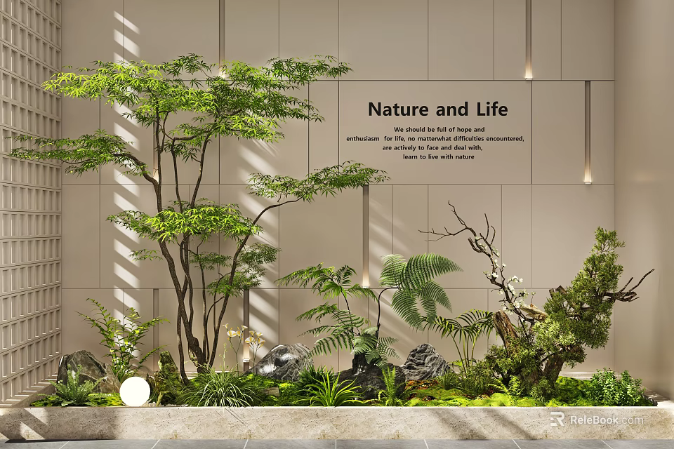 Indoor Landscape With Nature and Life Theme Tall Tree Ferns Rocks and Green Plants 3d model 