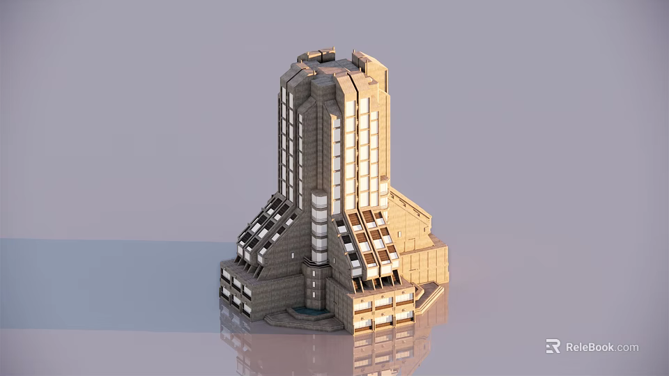 Modern Tower Building Design With Geometric Facade Multiple Windows And Base Structure 3d model 
