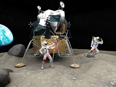 Astronauts With American Flag Near Lunar Module On Lunar Surface With Earth View 3d model