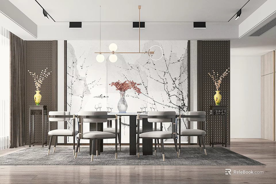 Elegant Modern Dining Table Set With Chandelier Decorative Wall And Flower Vases 3d model