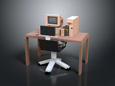 Vintage Office Desk With Computer Monitor Tower Keyboard And Rolling Chair 3d model