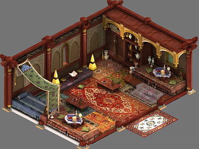 Cartoon Style Traditional Room Interior With Redwood Structure Arches Rugs Sofas And Lamps 3d model