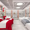 Modern Shopping Mall Store With White Reception Desk Display Shelves Bedding And Green Plants Interior