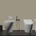 Modern White Smart Toilet With Bidet Sprayer Trash Bin And Toilet Paper Holder On Beige Wall Dark Floor