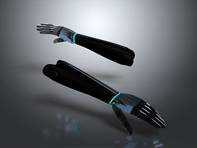 Black Bionic Arms For Human With Blue Light Accents And Reflective Background Design 3d model