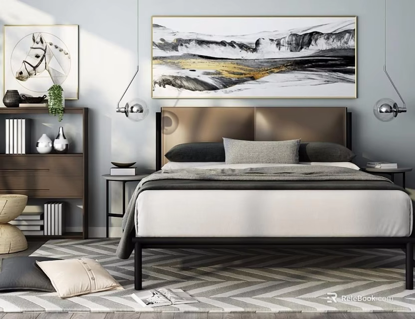 Modern Bedroom Double Bed With Brown Headboard Nightstands Table Lamps And Wall Art Rug 3d model 