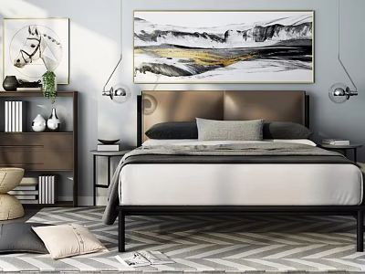 Modern Bedroom Double Bed With Brown Headboard Nightstands Table Lamps And Wall Art Rug 3d model