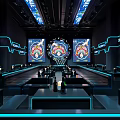 Modern Tech Inspired Bar Interior With Blue Lighting Large Screens Long Seats And Circular Decor