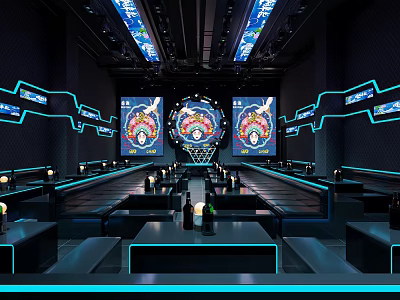 Modern Tech Inspired Bar Interior With Blue Lighting Large Screens Long Seats And Circular Decor 3d model