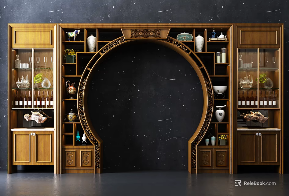 Chinese Traditional Wooden Antique Shelf With Arch Design Decorative Vases Tea Sets And Collectibles 3d model 