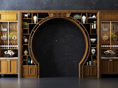 Chinese Traditional Wooden Antique Shelf With Arch Design Decorative Vases Tea Sets And Collectibles 3d model