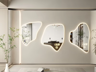 Irregular Shaped Backlit Mirrors As Modern Interior Wall Decor With Green Plants 3d model