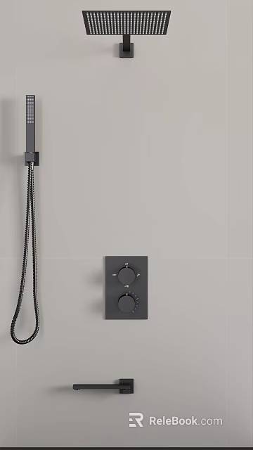 Black Modern Shower System With Control Panel Dual Knobs And Flexible Hose 3d model 
