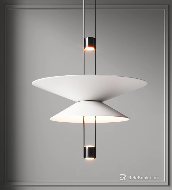 Modern Design Double Disc Shaped White Chandelier With Black Metal Rods And Warm Light 3d model 