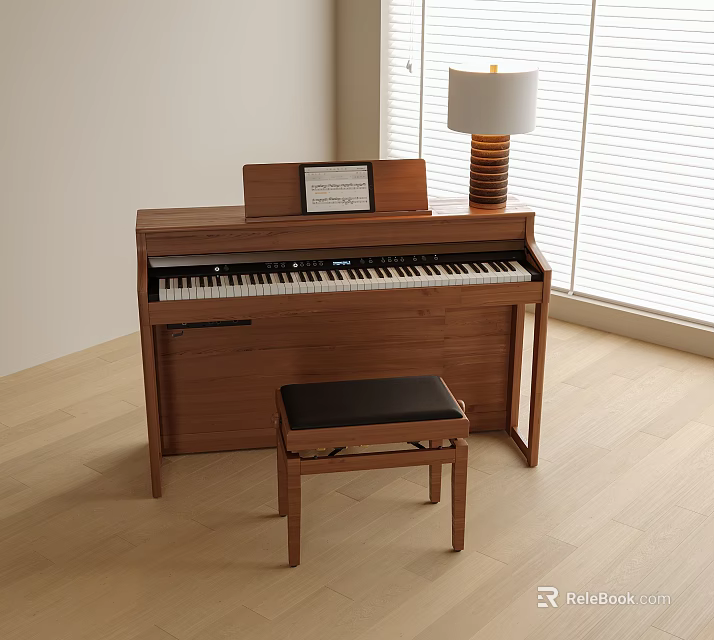 Cozy Piano Room Interior With Wooden Piano Bench Table Lamp Window Blinds And Wooden Floor 3d model 