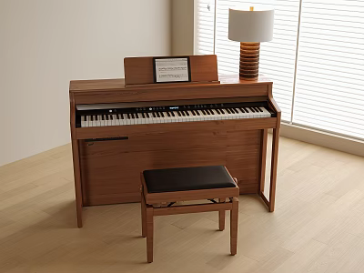 Cozy Piano Room Interior With Wooden Piano Bench Table Lamp Window Blinds And Wooden Floor 3d model
