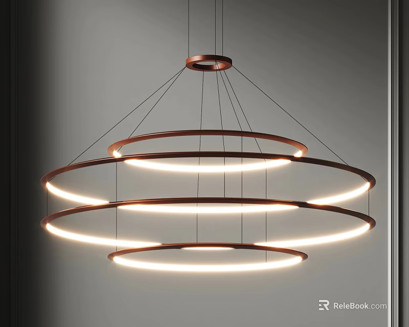 Modern Illuminated Chandelier Featuring Multiple Circular Rings And Warm Glow 3d model 