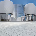 Modern Commercial Street With Glass Curtain Wall Buildings White Curved Roof And Spacious Plaza Design