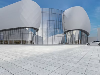 Modern Commercial Street With Glass Curtain Wall Buildings White Curved Roof And Spacious Plaza Design 3d model