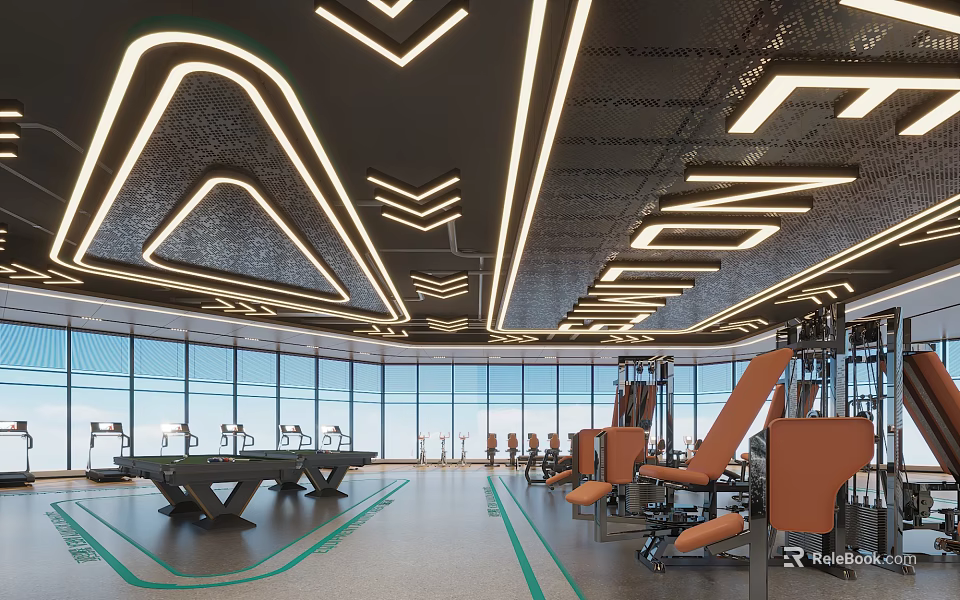 Modern Gym Interior With Stylish Lighting Fitness Equipment And Floor to Ceiling Windows 3d model 