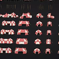 Multiple red and white tents arranged on black background with white structures nearby
