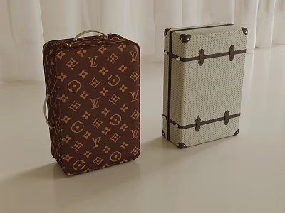 Stylish Brown Monogram Print Suitcase And Light Colored Suitcase With Black Leather Straps 3d model