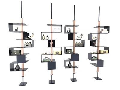 Modern Multi Tiered Display Cabinets With Metal Frame Wooden Shelves And Decorative Items 3d model
