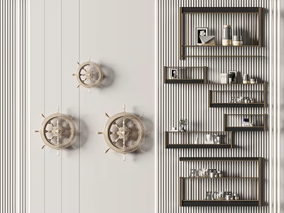 Elegant Wall Decor With Wooden Ship Wheel Ornaments And Floating Display Shelves 3d model