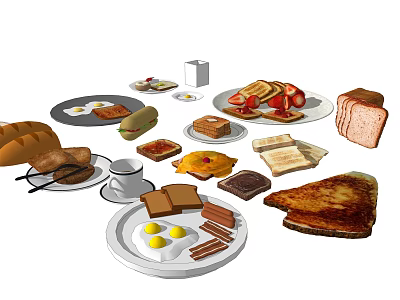 Fresh Assorted Breakfast Foods Including Toast Eggs Bread Coffee Pastries And Cookies 3d model