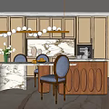 Modern Dining Room Interior With Marble Countertop Wooden Cabinets Pendant Lights And Vase With Flowers