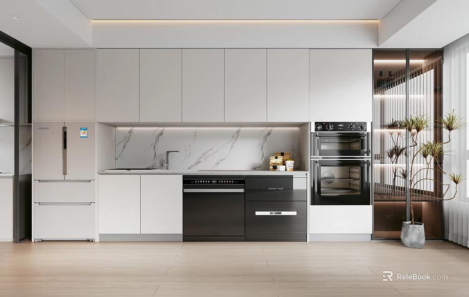 Modern Kitchen Interior With White Cabinets Marble Countertop And Black Appliances 3d model 