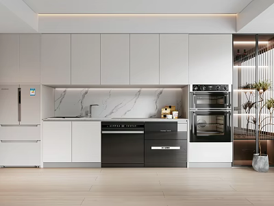 Modern Kitchen Interior With White Cabinets Marble Countertop And Black Appliances 3d model