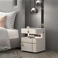 Modern White Nightstand With Gold Accents And Bedside Pendant Lights In Bedroom