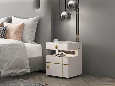 Modern White Nightstand With Gold Accents And Bedside Pendant Lights In Bedroom 3d model