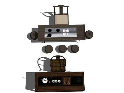 Modern Wooden Tea Table and Chairs Set with Tea Tray and Cup Holders 3d model