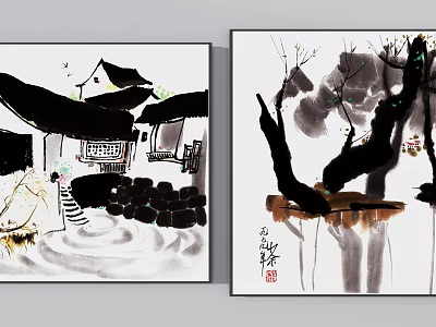 Traditional Chinese Landscape Painting With Ink Wash Style House Stone Steps And Trees 3d model