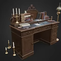Classic Wooden Desk Featuring Stacked Books Hourglass Candle Holders and Table Lamp