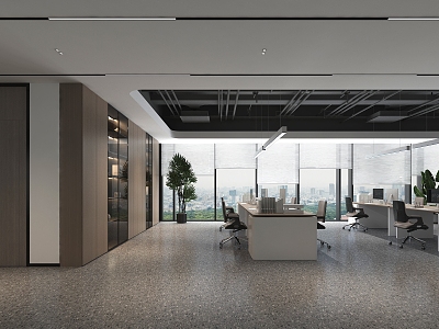 Modern Office Area Office Public Office Area Open Office Desk Office Chair Chandelier Bonsai Computer Filing Cabinet Bookcase 3d model