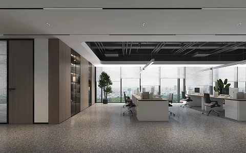 Modern Office Area Office Public Office Area Open Office Desk Office Chair Chandelier Bonsai Computer Filing Cabinet Bookcase 3d model