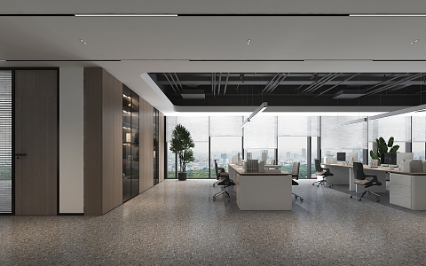 Modern Office Area Office Public Office Area Open Office Desk Office Chair Chandelier Bonsai Computer Filing Cabinet Bookcase 3d model